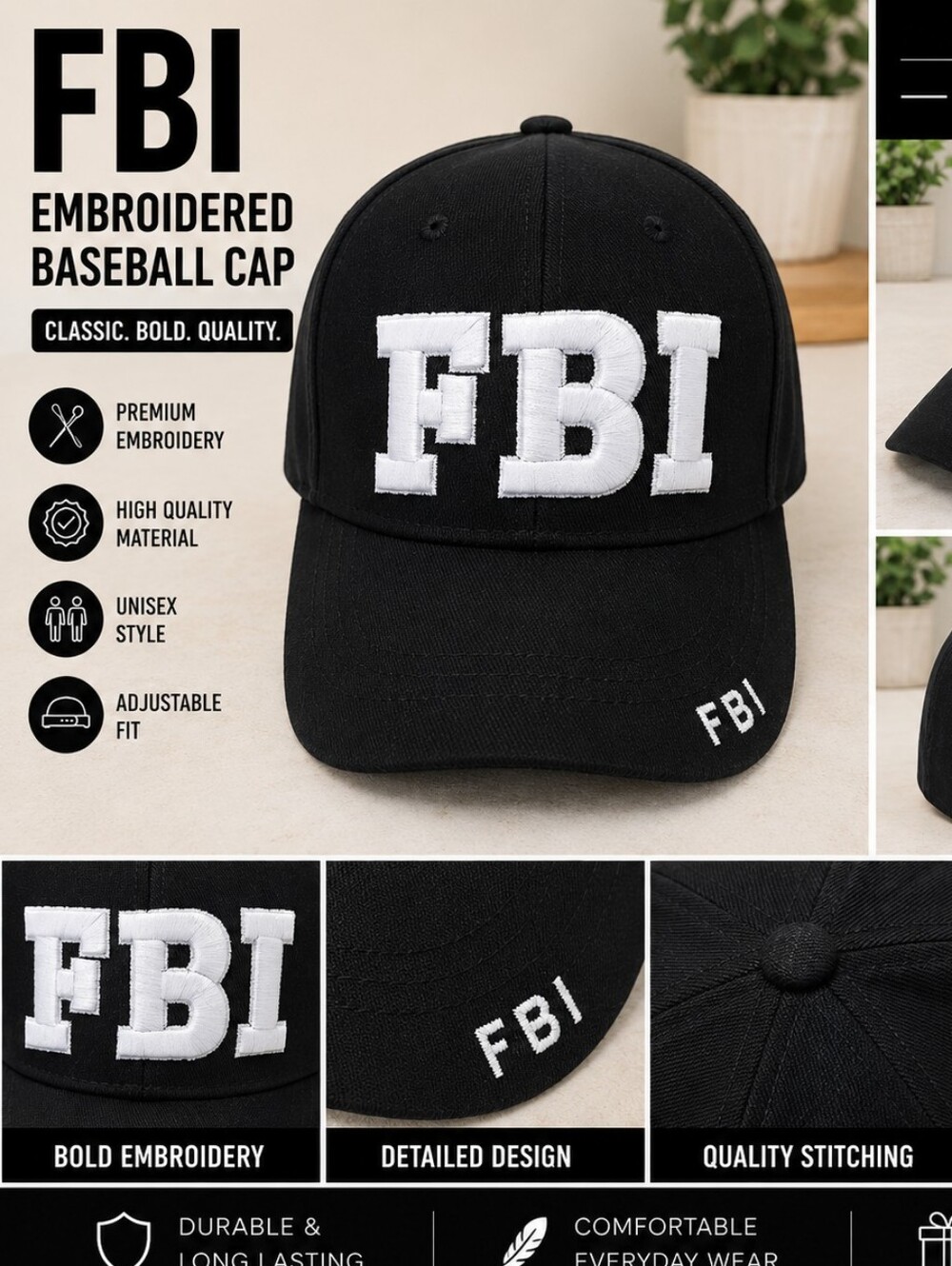 FBI Embroidered Black Baseball Cap Hat – Adjustable Unisex Streetwear